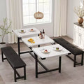 Farmhouse Extendable Dining Table Set for 4/ 6, Large Dining Table Set with Two Upholstered Benches, for Home, Dining room White Marble