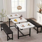 Farmhouse Extendable Dining Table Set for 4/ 6, Large Dining Table Set with Two Upholstered Benches, for Home, Dining room White Marble