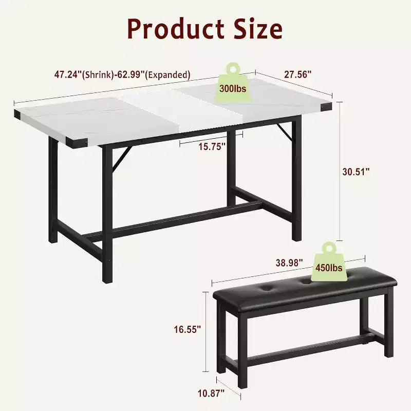 Ensemble Table à Manger Extensible de Ferme pour 4/6 Personnes, Grand Ensemble de Table à Manger avec Deux Bancs Rembourrés, pour Maison, Salle à Manger Marbre Blanc