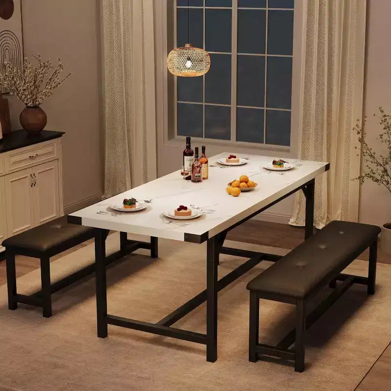 Ensemble Table à Manger Extensible de Ferme pour 4/6 Personnes, Grand Ensemble de Table à Manger avec Deux Bancs Rembourrés, pour Maison, Salle à Manger Marbre Blanc