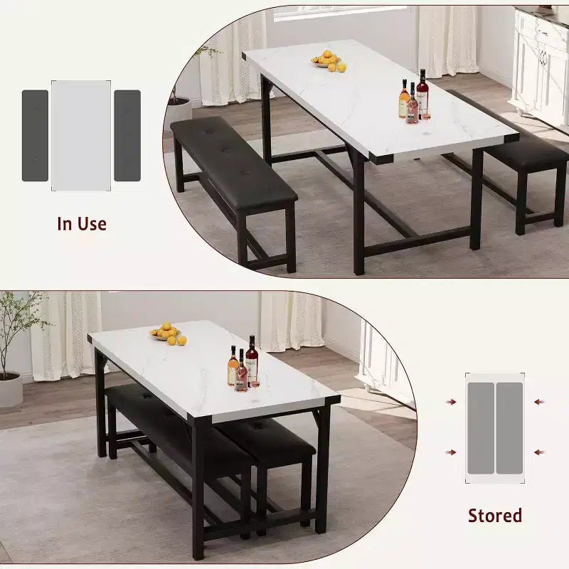 Ensemble Table à Manger Extensible de Ferme pour 4/6 Personnes, Grand Ensemble de Table à Manger avec Deux Bancs Rembourrés, pour Maison, Salle à Manger Marbre Blanc