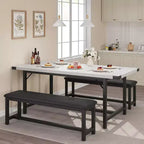 Ensemble Table à Manger Extensible de Ferme pour 4/6 Personnes, Grand Ensemble de Table à Manger avec Deux Bancs Rembourrés, pour Maison, Salle à Manger Marbre Blanc