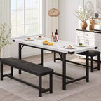 Ensemble Table à Manger Extensible de Ferme pour 4/6 Personnes, Grand Ensemble de Table à Manger avec Deux Bancs Rembourrés, pour Maison, Salle à Manger Marbre Blanc