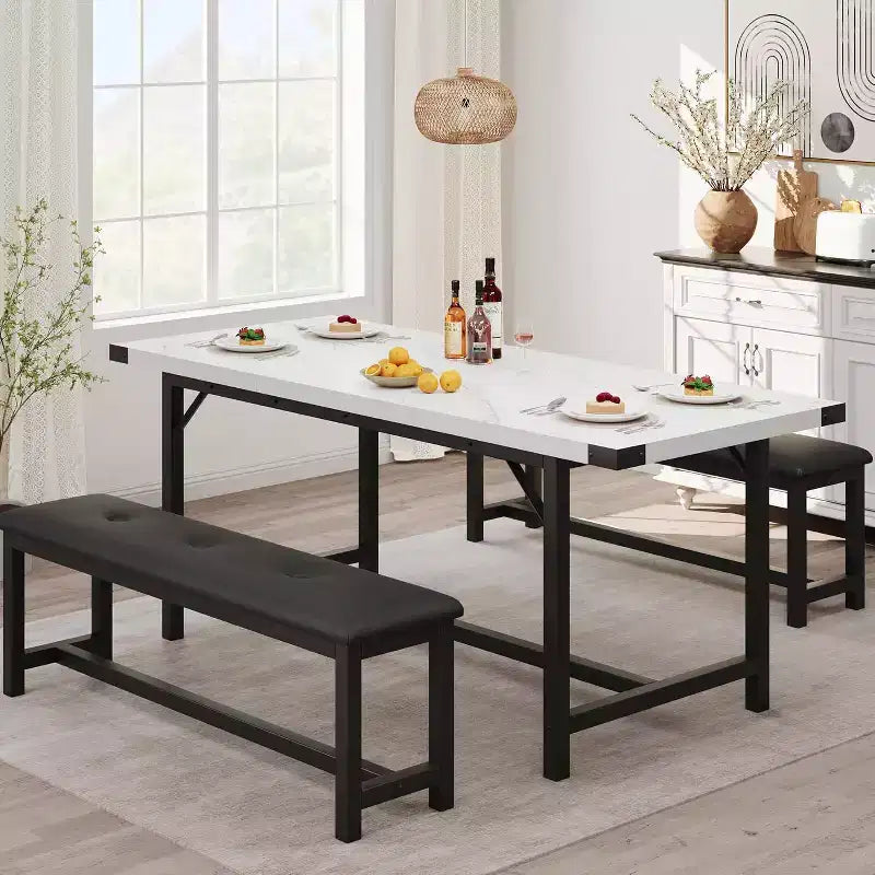 Ensemble Table à Manger Extensible de Ferme pour 4/6 Personnes, Grand Ensemble de Table à Manger avec Deux Bancs Rembourrés, pour Maison, Salle à Manger Marbre Blanc