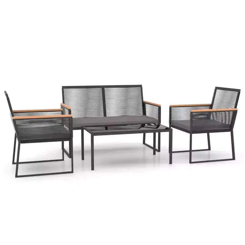 vidaXL 4 Piece Patio Lounge Set - Black Steel and Plywood, Comfortable Garden Chair with Thick Cotton Cushions, Modern Design, Rectangular Table