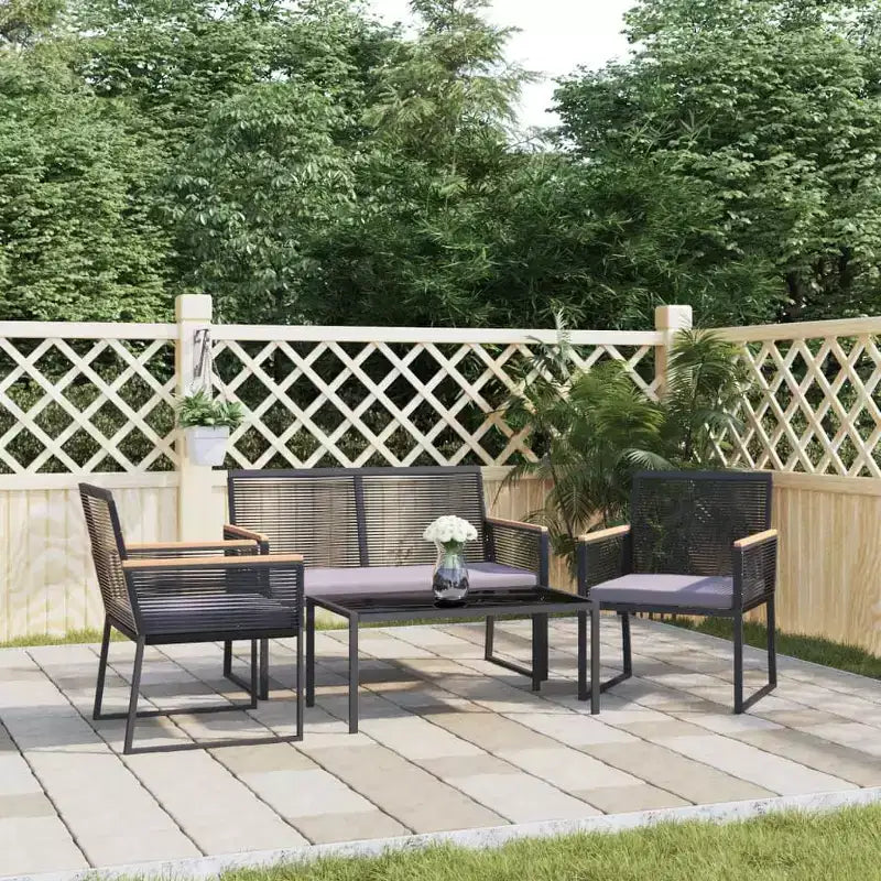 vidaXL Ensemble de 4 fauteuils de jardin - Acier et contreplaqué noirs, chaise de jardin confortable avec coussins épais en coton, design moderne, table rectangulaire