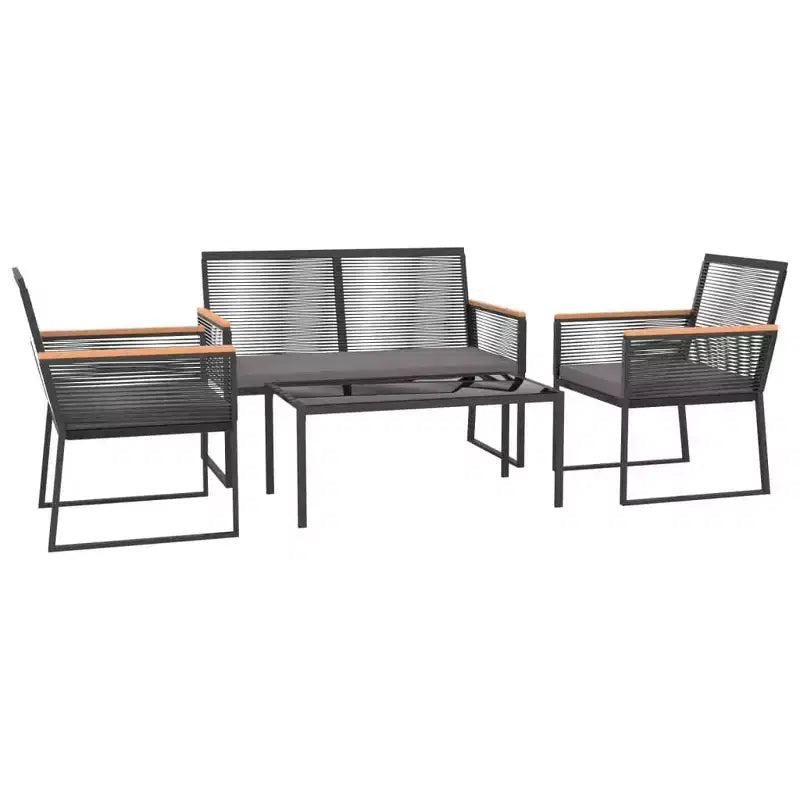 vidaXL Ensemble de 4 fauteuils de jardin - Acier et contreplaqué noirs, chaise de jardin confortable avec coussins épais en coton, design moderne, table rectangulaire
