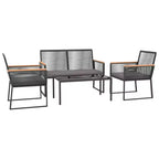 vidaXL Ensemble de 4 fauteuils de jardin - Acier et contreplaqué noirs, chaise de jardin confortable avec coussins épais en coton, design moderne, table rectangulaire