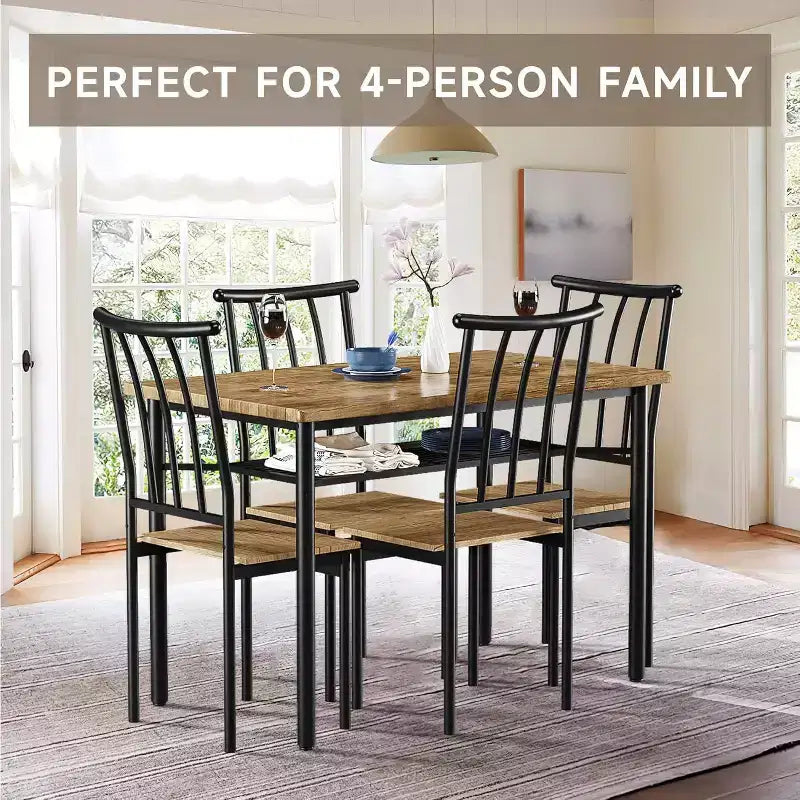 Ensemble de salle à manger rustique 5 pièces Coolmee - Table et 4 chaises avec étagère de rangement