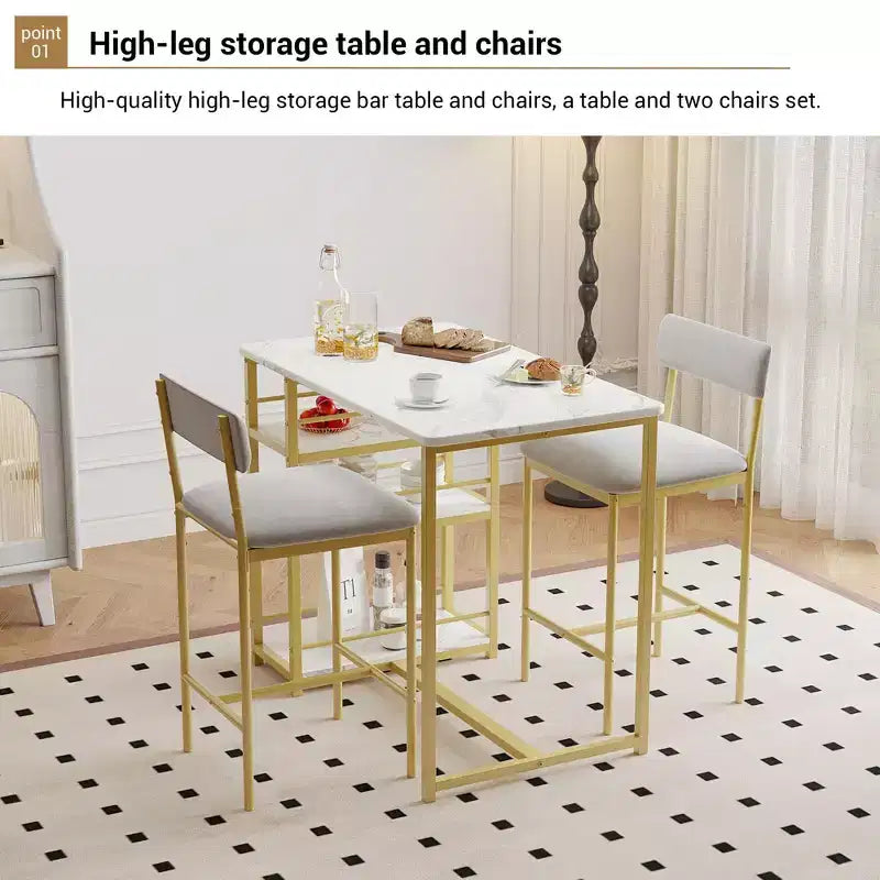 Table de Bar pour 2 Personnes avec 2 Tabourets Rembourrés en PU et 3 Étagères de Rangement, 3 Pièces