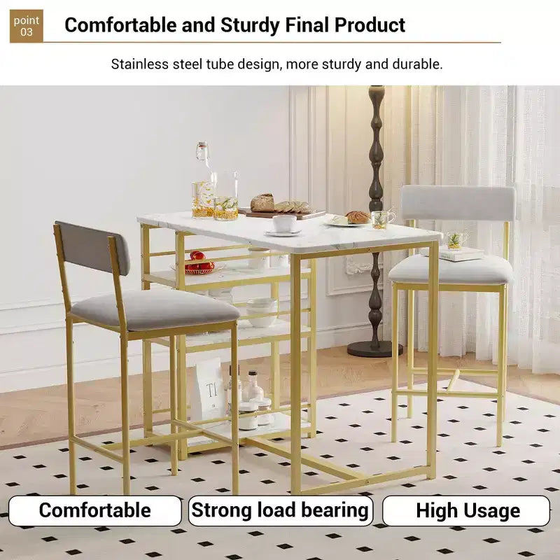 Table de Bar pour 2 Personnes avec 2 Tabourets Rembourrés en PU et 3 Étagères de Rangement, 3 Pièces