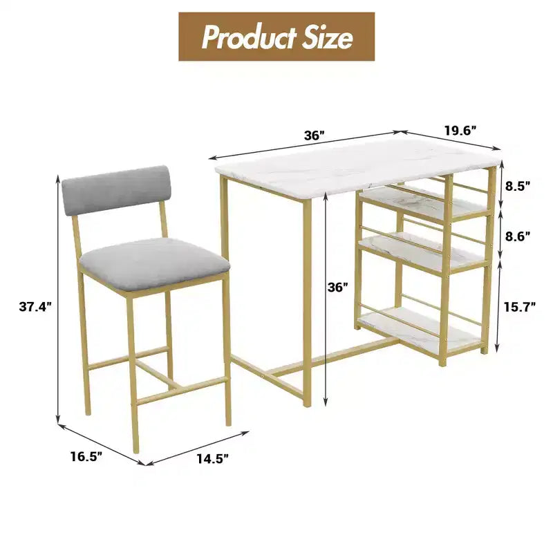 Table de Bar pour 2 Personnes avec 2 Tabourets Rembourrés en PU et 3 Étagères de Rangement, 3 Pièces