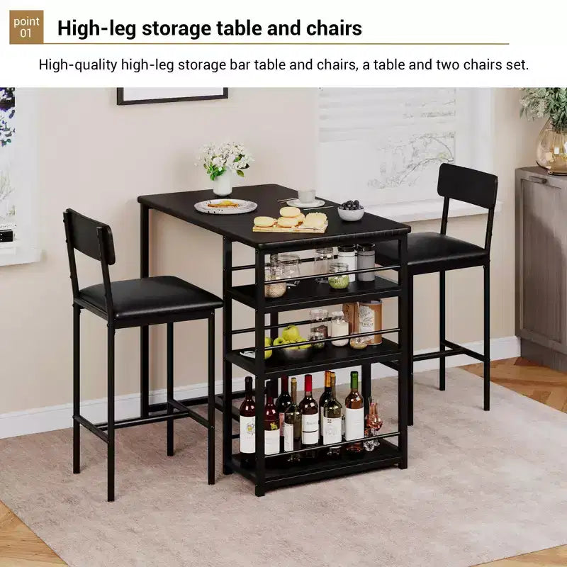 Table de Bar pour 2 Personnes avec 2 Tabourets Rembourrés en PU et 3 Étagères de Rangement, 3 Pièces