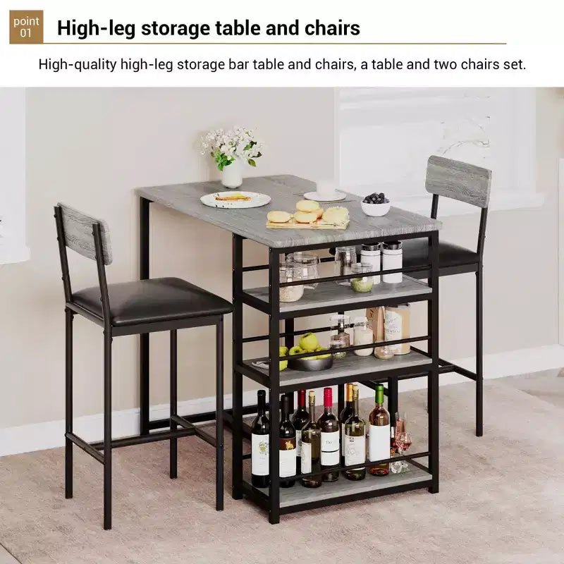 Table de Bar pour 2 Personnes avec 2 Tabourets Rembourrés en PU et 3 Étagères de Rangement, 3 Pièces