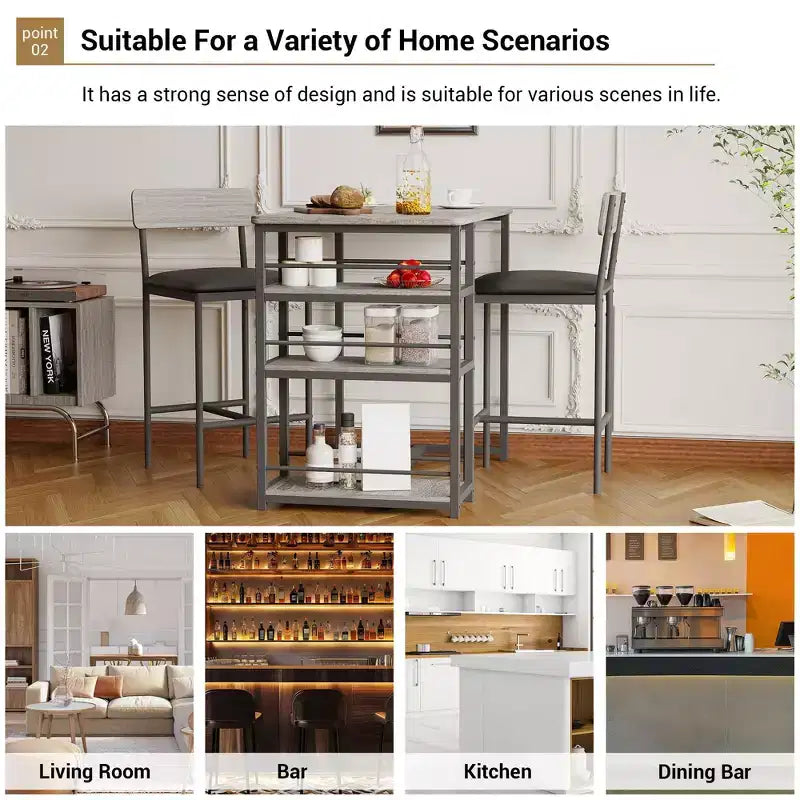 Table de Bar pour 2 Personnes avec 2 Tabourets Rembourrés en PU et 3 Étagères de Rangement, 3 Pièces