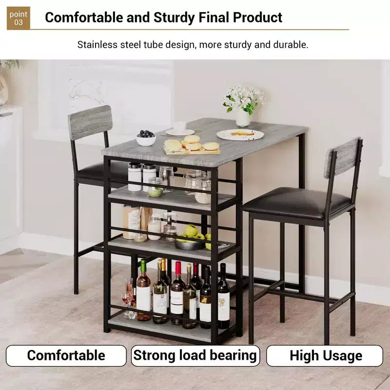 Table de Bar pour 2 Personnes avec 2 Tabourets Rembourrés en PU et 3 Étagères de Rangement, 3 Pièces