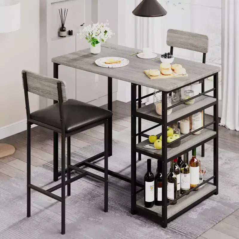 Table de Bar pour 2 Personnes avec 2 Tabourets Rembourrés en PU et 3 Étagères de Rangement, 3 Pièces