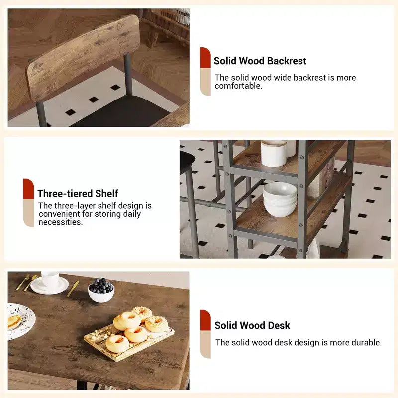 Table de Bar pour 2 Personnes avec 2 Tabourets Rembourrés en PU et 3 Étagères de Rangement, 3 Pièces
