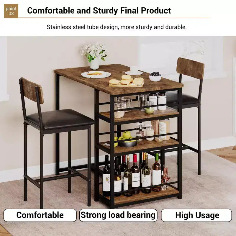 Table de Bar pour 2 Personnes avec 2 Tabourets Rembourrés en PU et 3 Étagères de Rangement, 3 Pièces