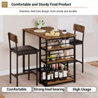 Table de Bar pour 2 Personnes avec 2 Tabourets Rembourrés en PU et 3 Étagères de Rangement, 3 Pièces