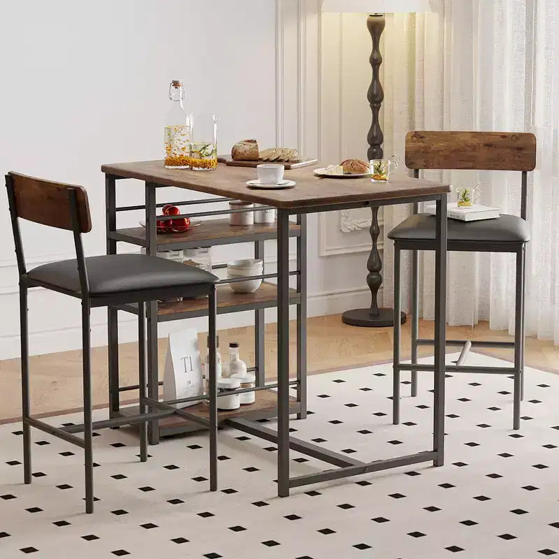 Table de Bar pour 2 Personnes avec 2 Tabourets Rembourrés en PU et 3 Étagères de Rangement, 3 Pièces