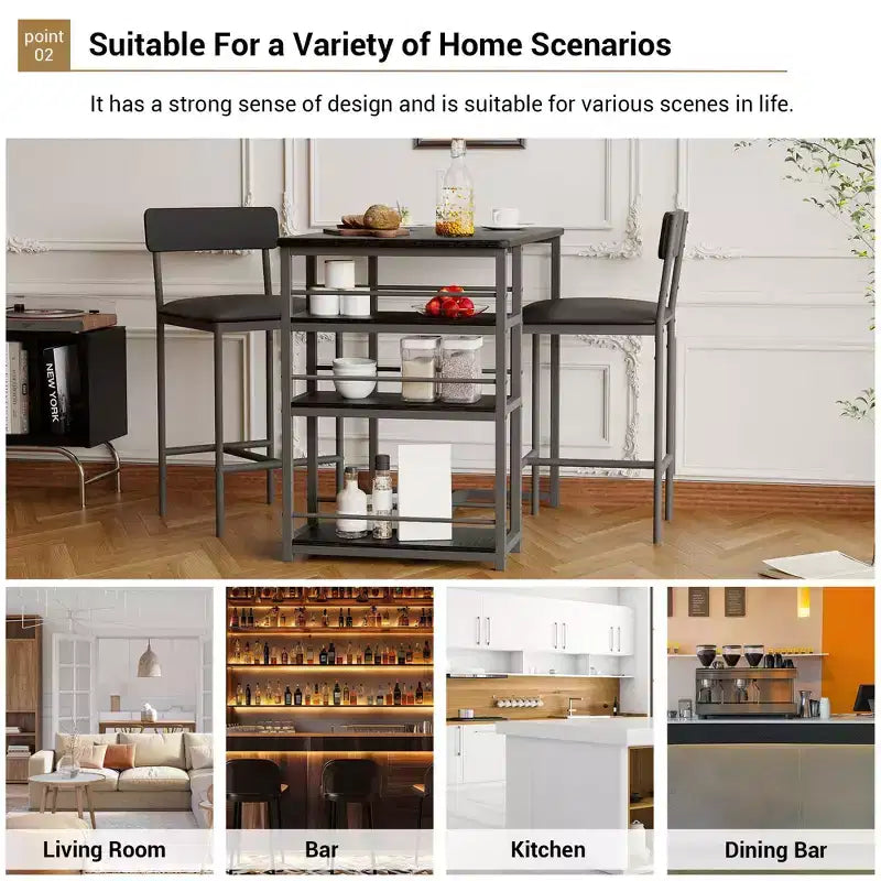 Table de Bar pour 2 Personnes avec 2 Tabourets Rembourrés en PU et 3 Étagères de Rangement, 3 Pièces