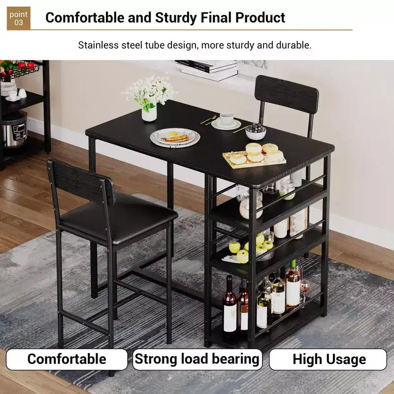 Table de Bar pour 2 Personnes avec 2 Tabourets Rembourrés en PU et 3 Étagères de Rangement, 3 Pièces