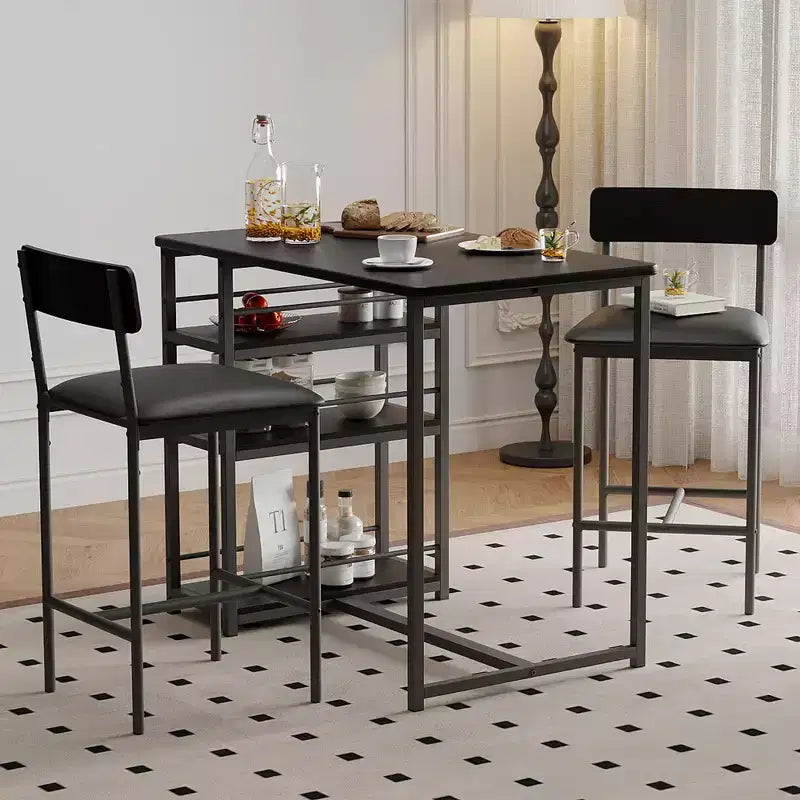 Table de Bar pour 2 Personnes avec 2 Tabourets Rembourrés en PU et 3 Étagères de Rangement, 3 Pièces