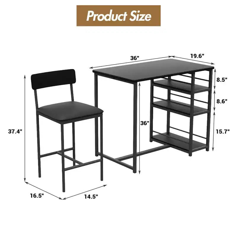 Table de Bar pour 2 Personnes avec 2 Tabourets Rembourrés en PU et 3 Étagères de Rangement, 3 Pièces