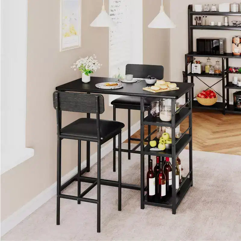 Table de Bar pour 2 Personnes avec 2 Tabourets Rembourrés en PU et 3 Étagères de Rangement, 3 Pièces