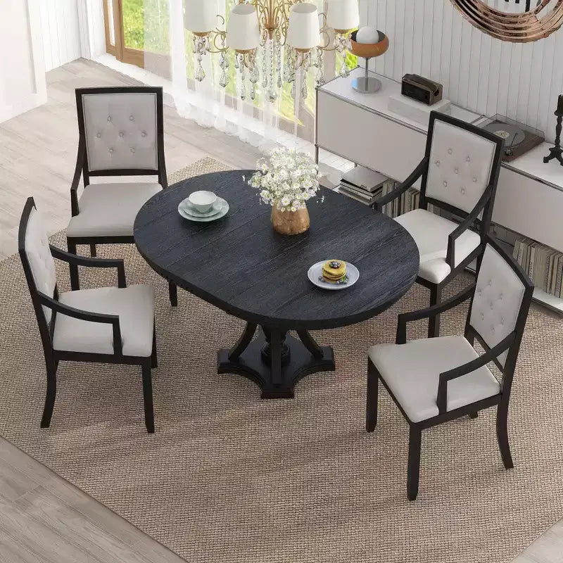 Ensemble de salle à manger rond 5 pièces Polibi avec table extensible de style rétro