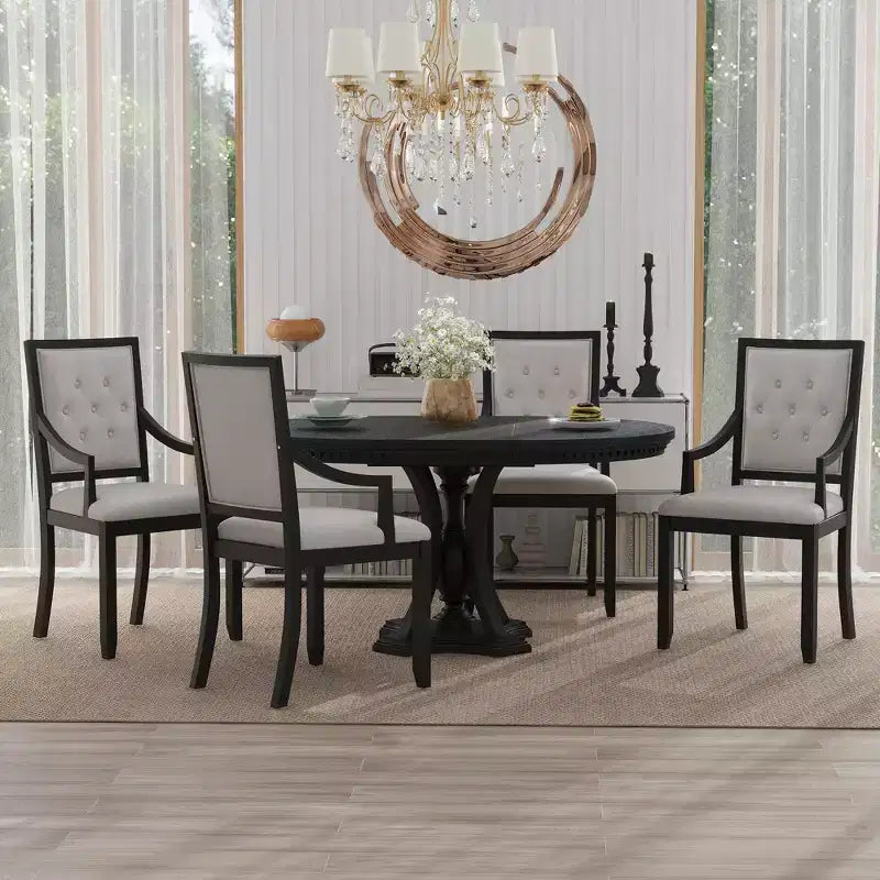 Ensemble de salle à manger rond 5 pièces Polibi avec table extensible de style rétro