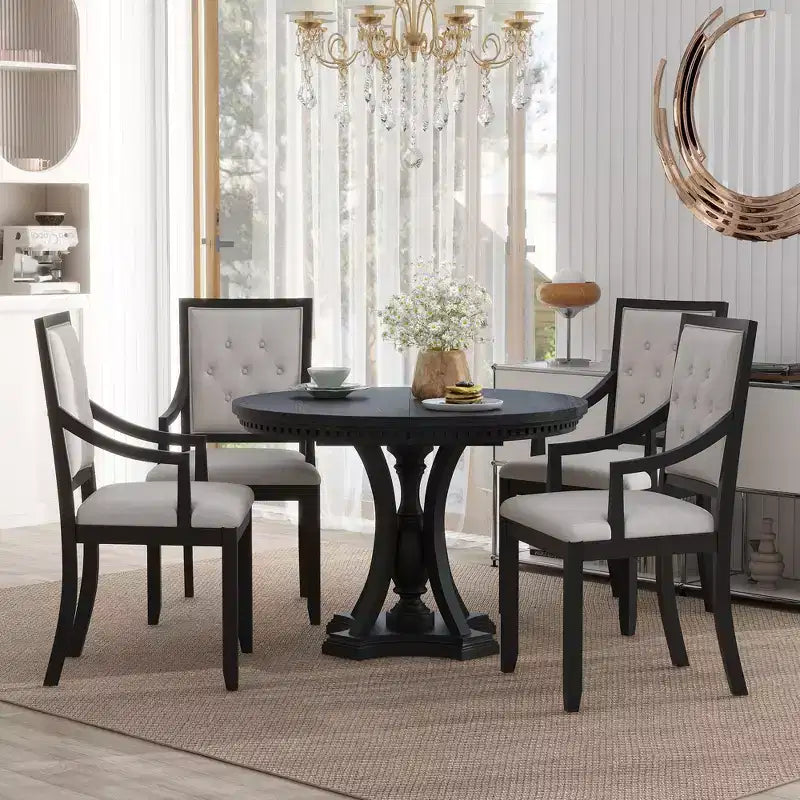 Ensemble de salle à manger rond 5 pièces Polibi avec table extensible de style rétro