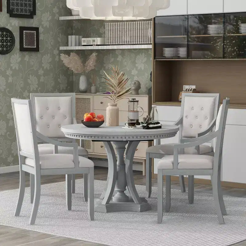 Ensemble de salle à manger rond 5 pièces Polibi avec table extensible de style rétro