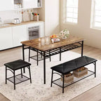 Ensemble table à manger pour 4, avec banquette rembourrée et tabourets carrés et étagères de rangement, ensemble table de cuisine et salle à manger en métal et bois pour petit espace, appartement