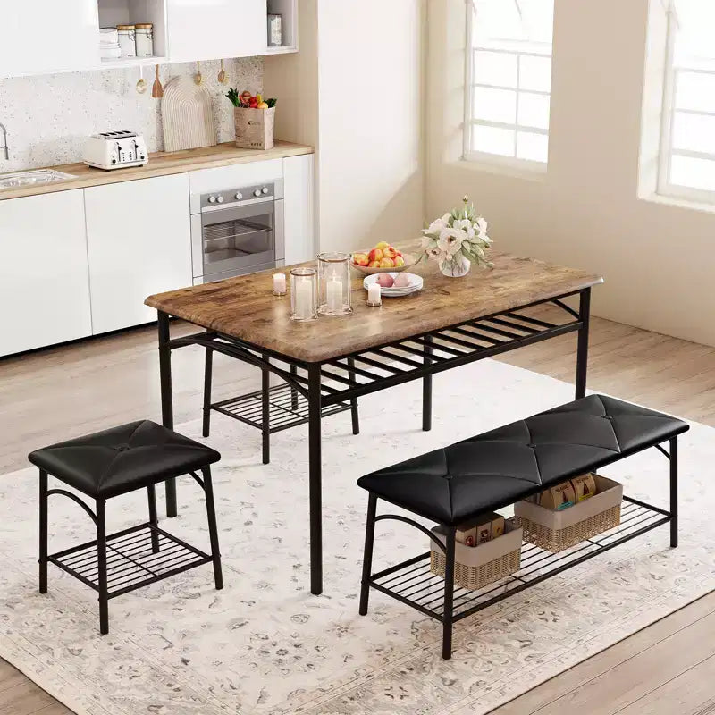 Ensemble table à manger pour 4, avec banquette rembourrée et tabourets carrés et étagères de rangement, ensemble table de cuisine et salle à manger en métal et bois pour petit espace, appartement