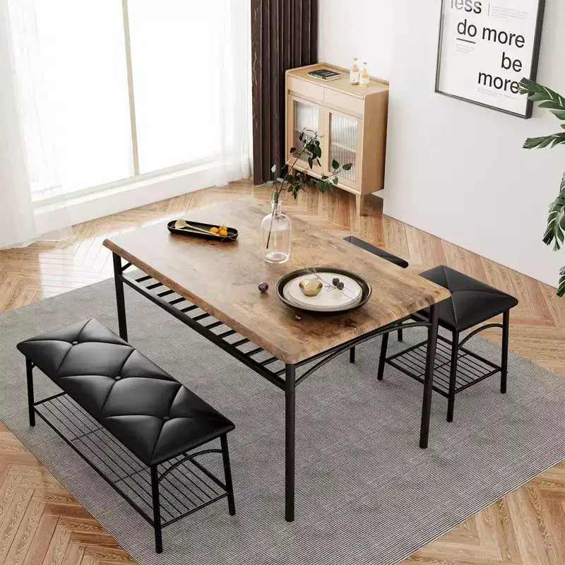 Ensemble table à manger pour 4, avec banquette rembourrée et tabourets carrés et étagères de rangement, ensemble table de cuisine et salle à manger en métal et bois pour petit espace, appartement