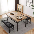 Ensemble table à manger pour 4, avec banquette rembourrée et tabourets carrés et étagères de rangement, ensemble table de cuisine et salle à manger en métal et bois pour petit espace, appartement