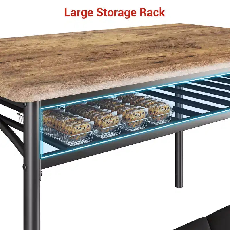 Ensemble table à manger pour 4, avec banquette rembourrée et tabourets carrés et étagères de rangement, ensemble table de cuisine et salle à manger en métal et bois pour petit espace, appartement