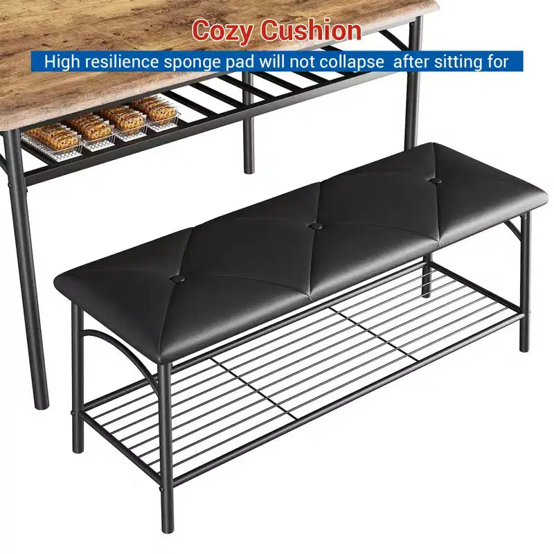 Ensemble table à manger pour 4, avec banquette rembourrée et tabourets carrés et étagères de rangement, ensemble table de cuisine et salle à manger en métal et bois pour petit espace, appartement