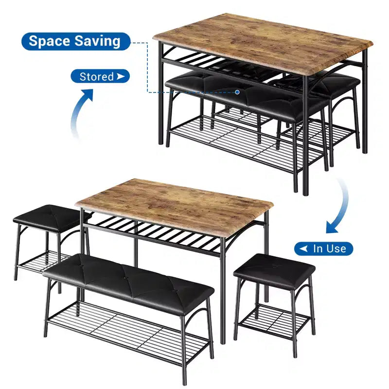 Ensemble table à manger pour 4, avec banquette rembourrée et tabourets carrés et étagères de rangement, ensemble table de cuisine et salle à manger en métal et bois pour petit espace, appartement