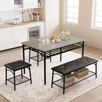 Ensemble table à manger pour 4, avec banquette rembourrée et tabourets carrés et étagères de rangement, ensemble table de cuisine et salle à manger en métal et bois pour petit espace, appartement