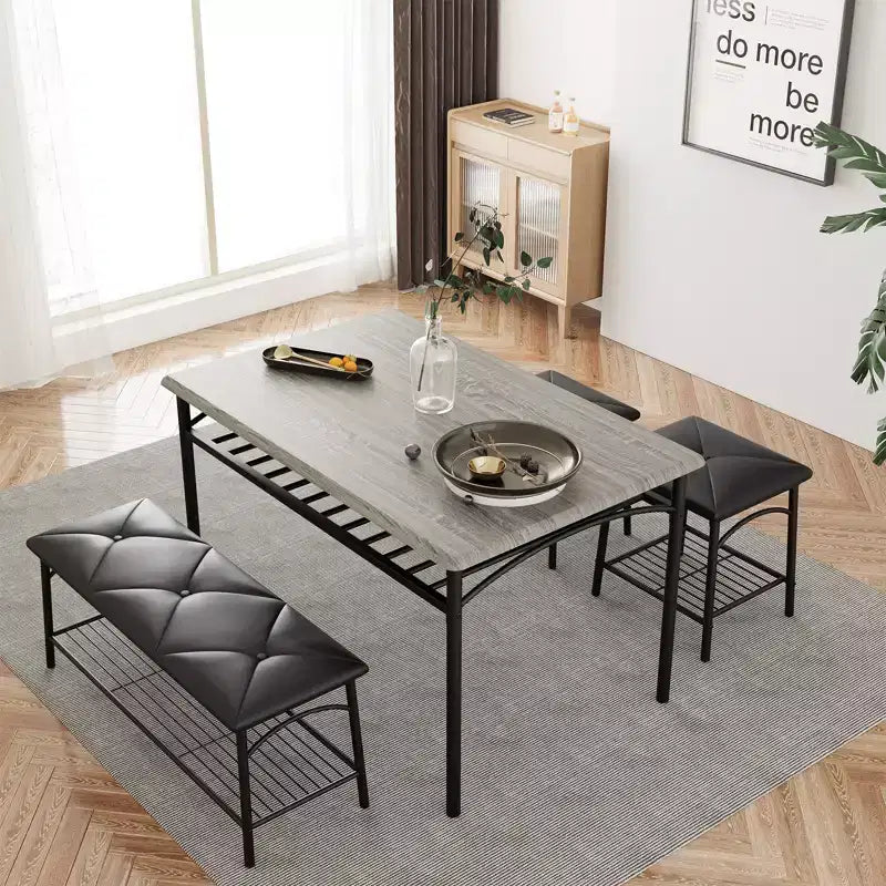 Ensemble table à manger pour 4, avec banquette rembourrée et tabourets carrés et étagères de rangement, ensemble table de cuisine et salle à manger en métal et bois pour petit espace, appartement