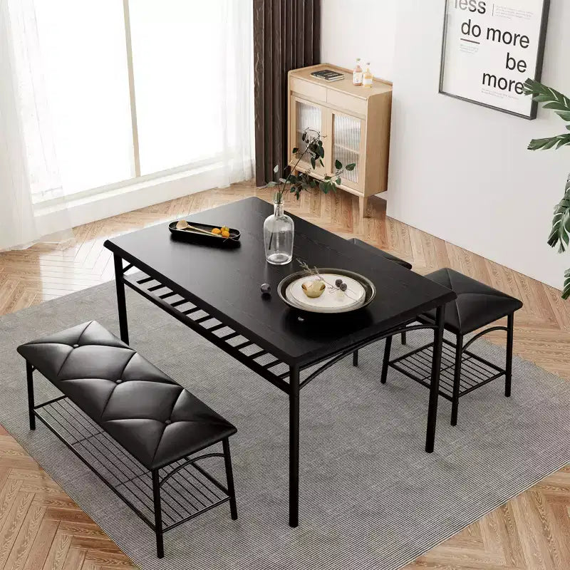 Ensemble table à manger pour 4, avec banquette rembourrée et tabourets carrés et étagères de rangement, ensemble table de cuisine et salle à manger en métal et bois pour petit espace, appartement