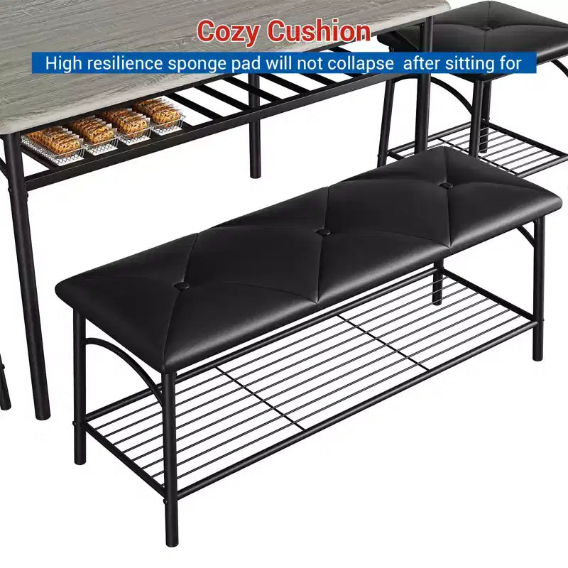 Ensemble table à manger pour 4, avec banquette rembourrée et tabourets carrés et étagères de rangement, ensemble table de cuisine et salle à manger en métal et bois pour petit espace, appartement