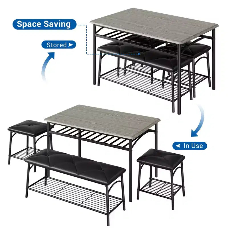 Ensemble table à manger pour 4, avec banquette rembourrée et tabourets carrés et étagères de rangement, ensemble table de cuisine et salle à manger en métal et bois pour petit espace, appartement