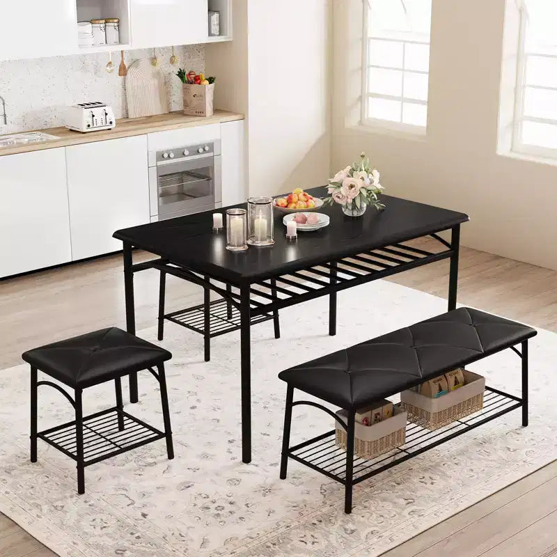 Ensemble table à manger pour 4, avec banquette rembourrée et tabourets carrés et étagères de rangement, ensemble table de cuisine et salle à manger en métal et bois pour petit espace, appartement