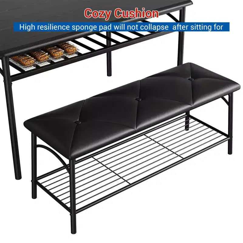 Ensemble table à manger pour 4, avec banquette rembourrée et tabourets carrés et étagères de rangement, ensemble table de cuisine et salle à manger en métal et bois pour petit espace, appartement