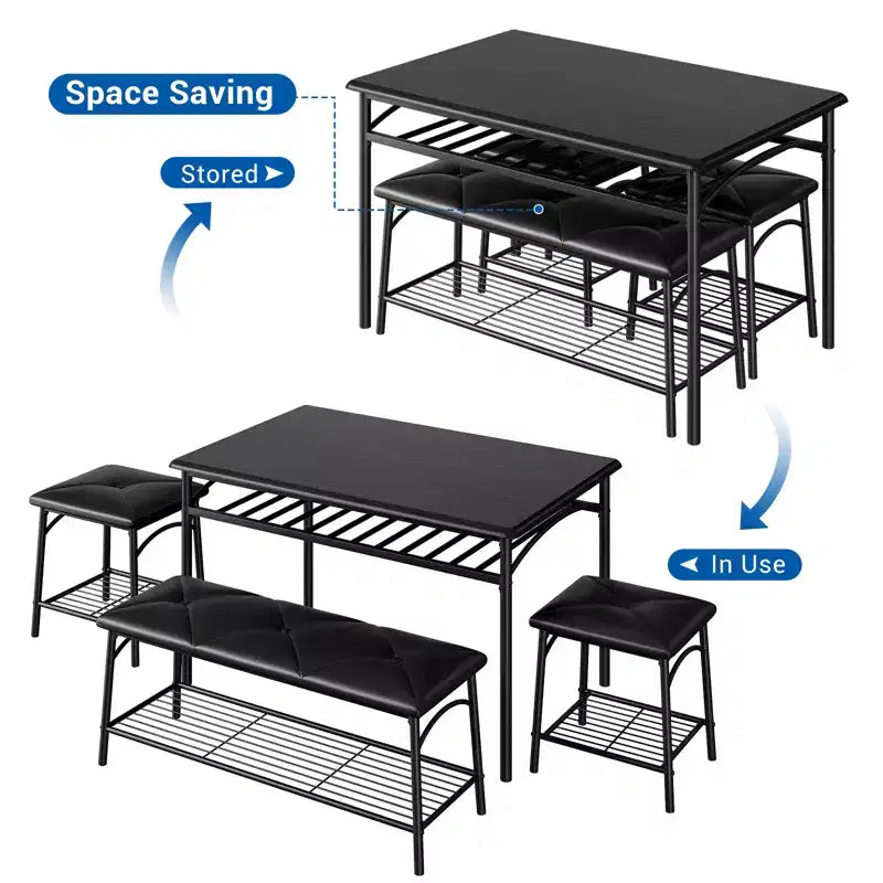 Ensemble table à manger pour 4, avec banquette rembourrée et tabourets carrés et étagères de rangement, ensemble table de cuisine et salle à manger en métal et bois pour petit espace, appartement