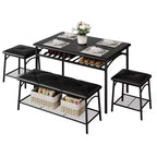 Dining Table Set for 4,with Upholstered Bench & Square Stools & Storage Shelves,Metal & Wood Dining Room Kitchen Table Set for Small Space,Apartment